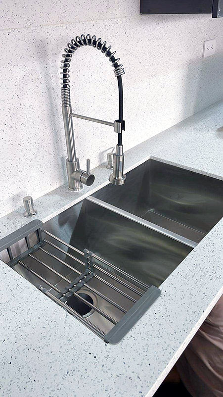 Grifo monomando para cocina (baja presión, giratorio 360°, extensible, con muelle en espiral, latón pulido)