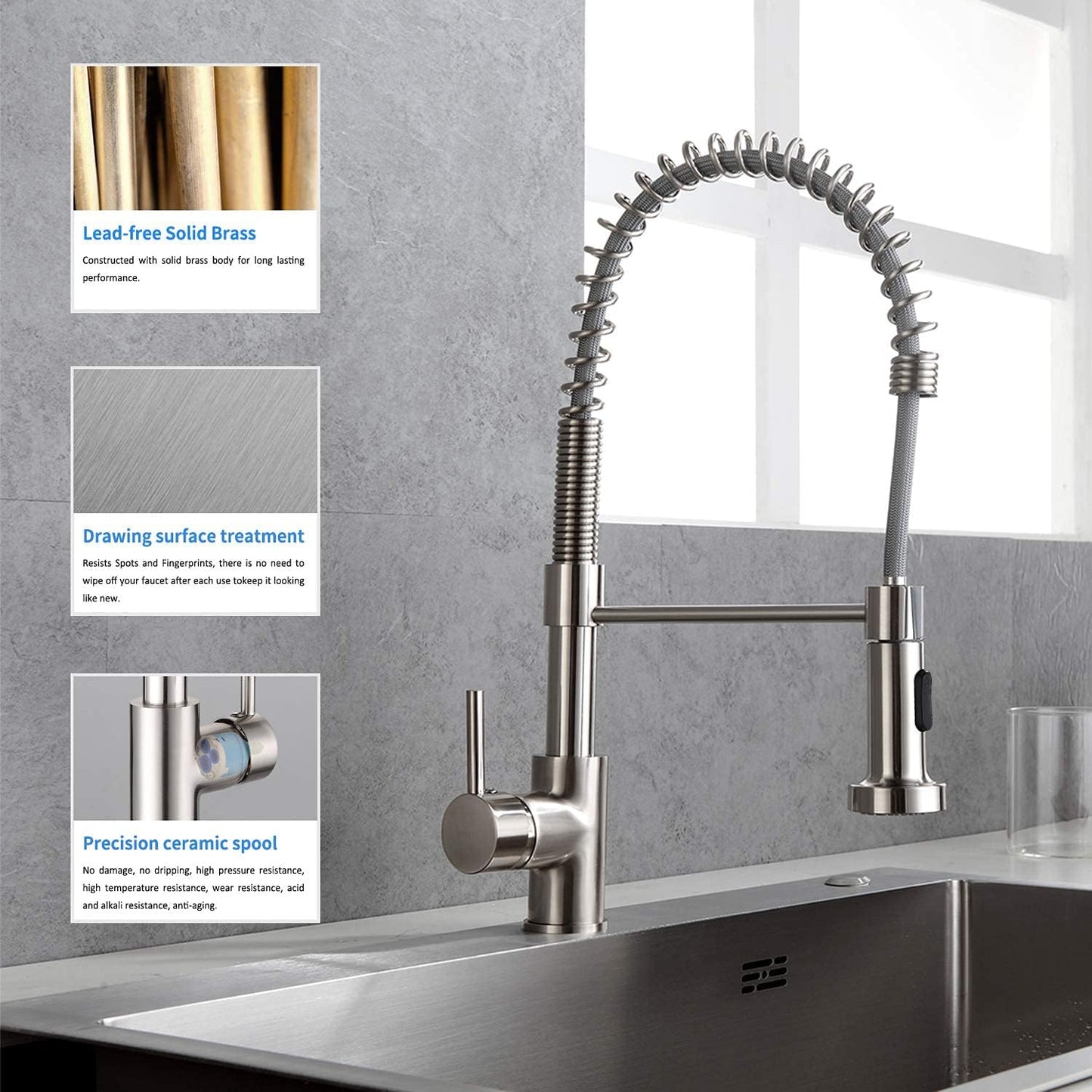 Grifo monomando para cocina (baja presión, giratorio 360°, extensible, con muelle en espiral, latón pulido)